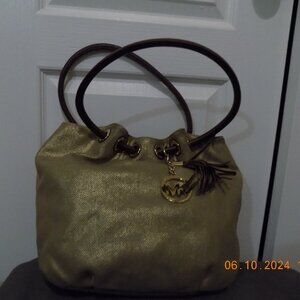 Michael Kors Golden Drawstring Bag w/ Brown Leather Trim
